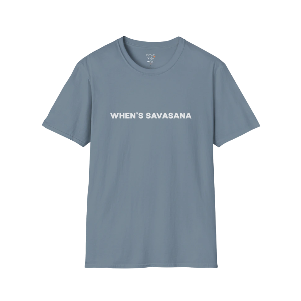 "When's Savasana" typography design on Stone Blue tee — The Vault collection by Ramro Yoga Wear