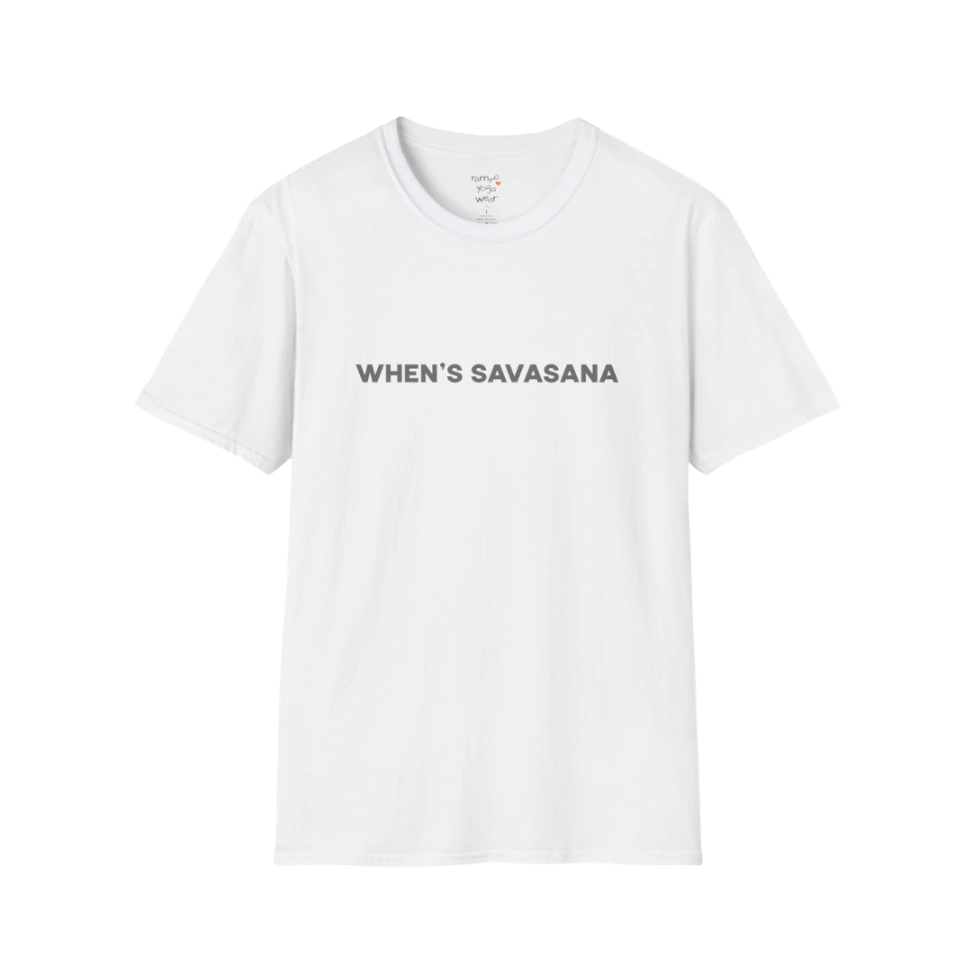 "When's Savasana" typography design on White tee — The Vault collection by Ramro Yoga Wear