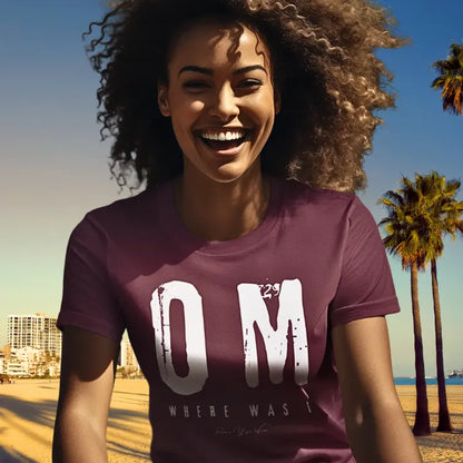 Person wearing Where Was I Heather Cardinal color sacred yoga shirt laughing at the beach with palm trees — Funny Yoga Shirts collection by Ramro Yoga Wear