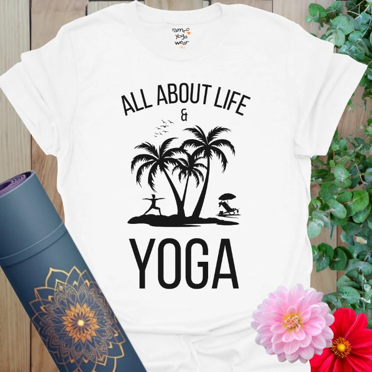 White About Life T-Shirt with black island yoga print. Clean, coastal-inspired yoga shirt for soulful simplicity.