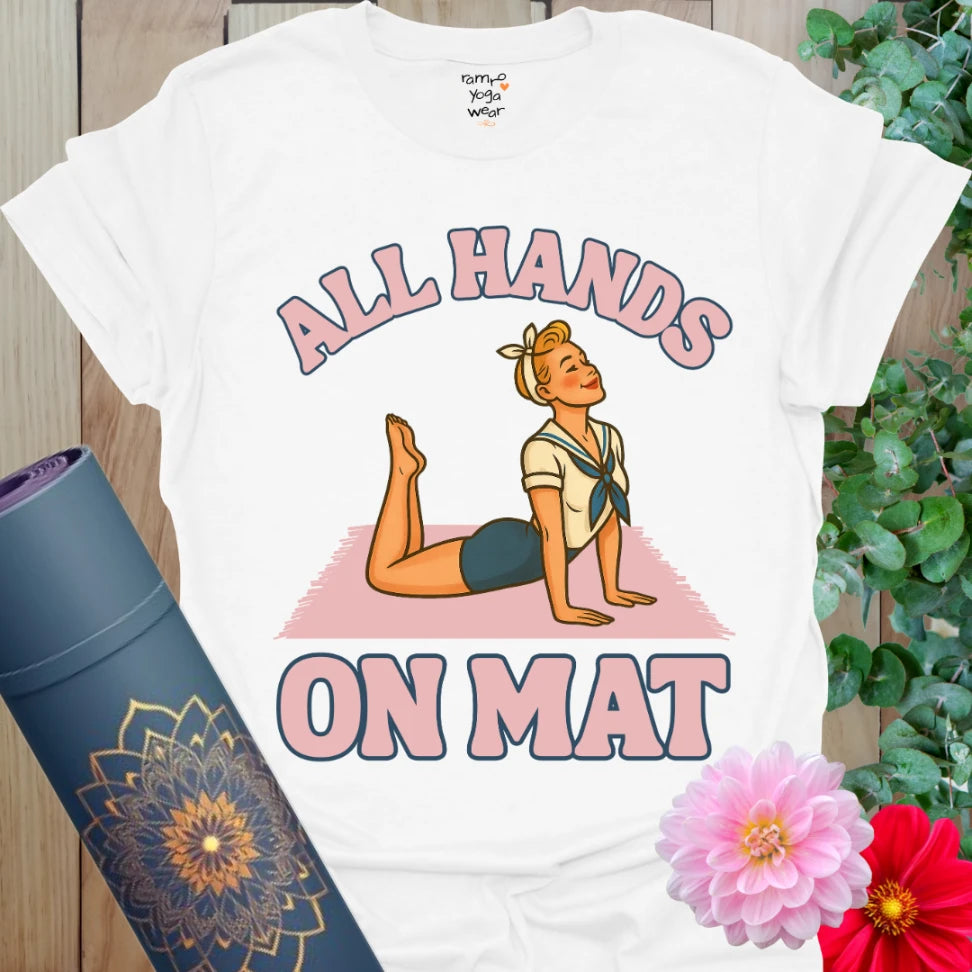 Clean white yoga tee with sailor-inspired pinup yogi in Cobra Pose and cheeky yoga quote for retro soul style.