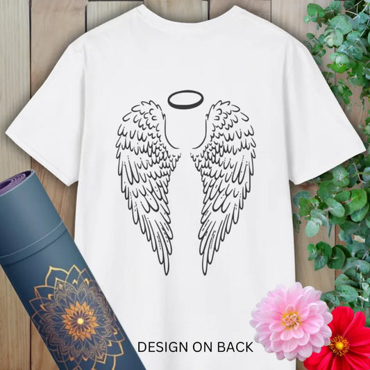 White Angel Wings T-Shirt by Ramro Yoga Wear – soft spiritual tee with angel wings and halo design printed on the back