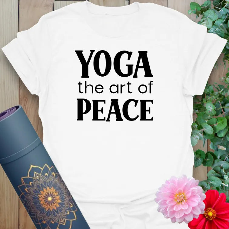 White Art of Yoga T-Shirt – Soft unisex yoga shirt with peaceful black "Yoga the art of peace" design