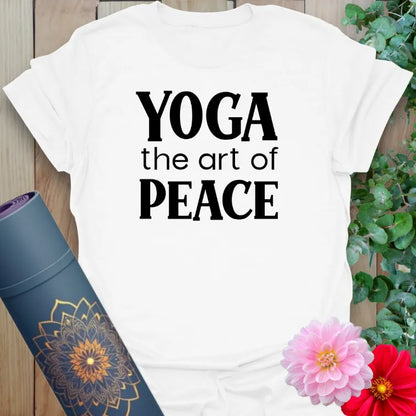 White Art of Yoga T-Shirt – Soft unisex yoga shirt with peaceful black "Yoga the art of peace" design