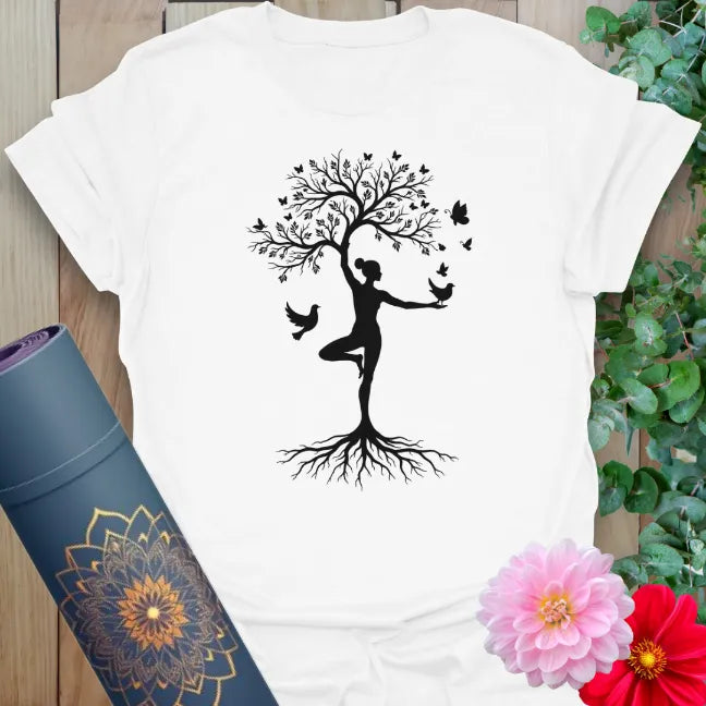 White cotton yoga shirt with symbolic rooted yogi graphic and peaceful vibe
