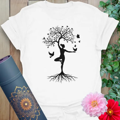 White cotton yoga shirt with symbolic rooted yogi graphic and peaceful vibe