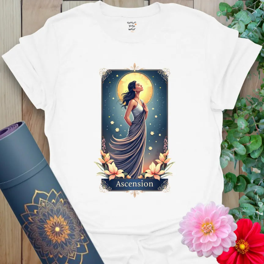 White Ascension T-Shirt featuring celestial artwork and blooming floral accents