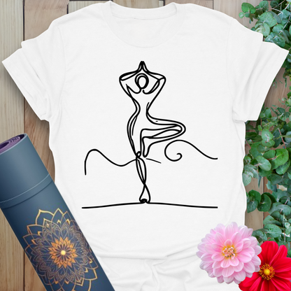 White unisex yoga shirt with simple line art of balancing pose