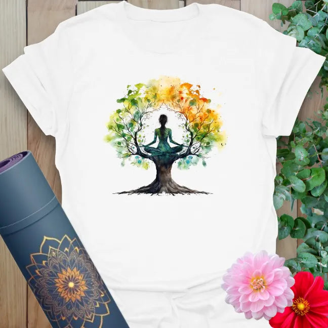 White Be Free T-Shirt with colorful tree and peaceful yoga meditation illustration