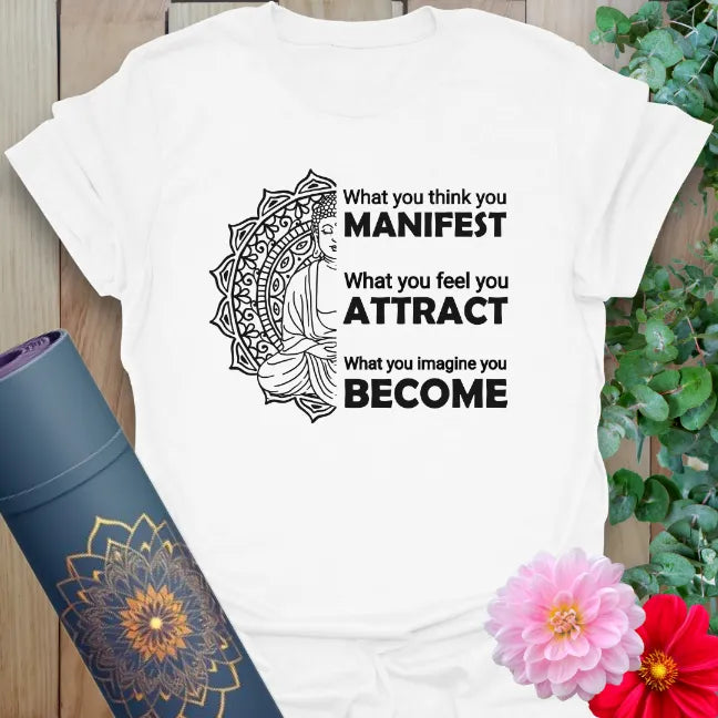 White Become T-Shirt with geometric spiritual design and empowering affirmation
