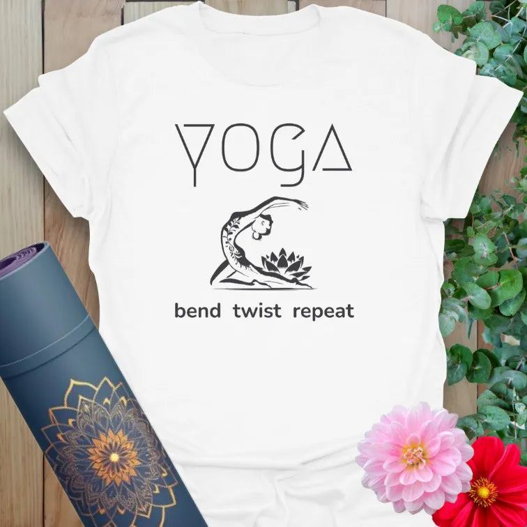 White Bend T-Shirt with lotus graphic and humorous yoga flow message