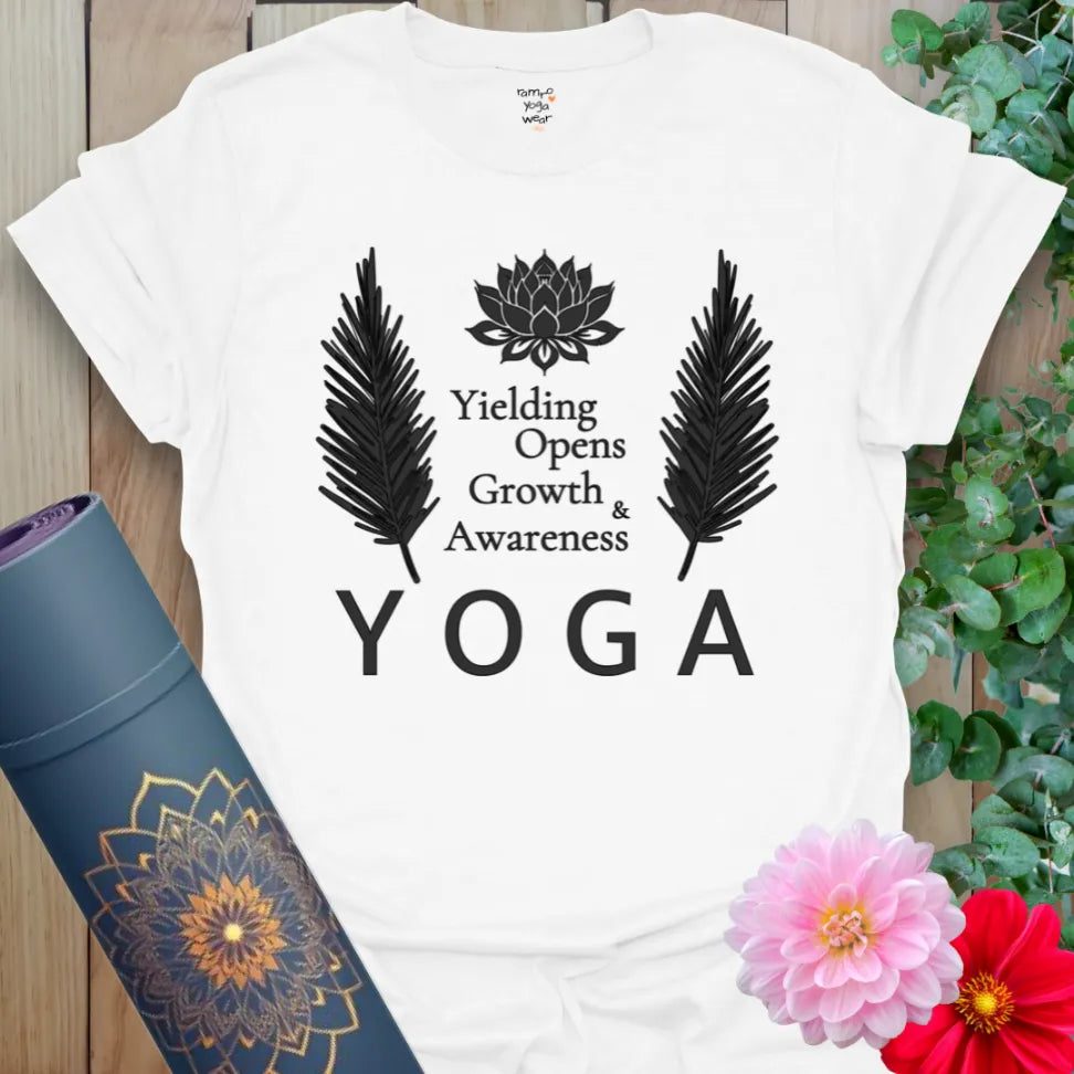White Bloom Within T-Shirt featuring “Yielding Openness Growth Awareness” message