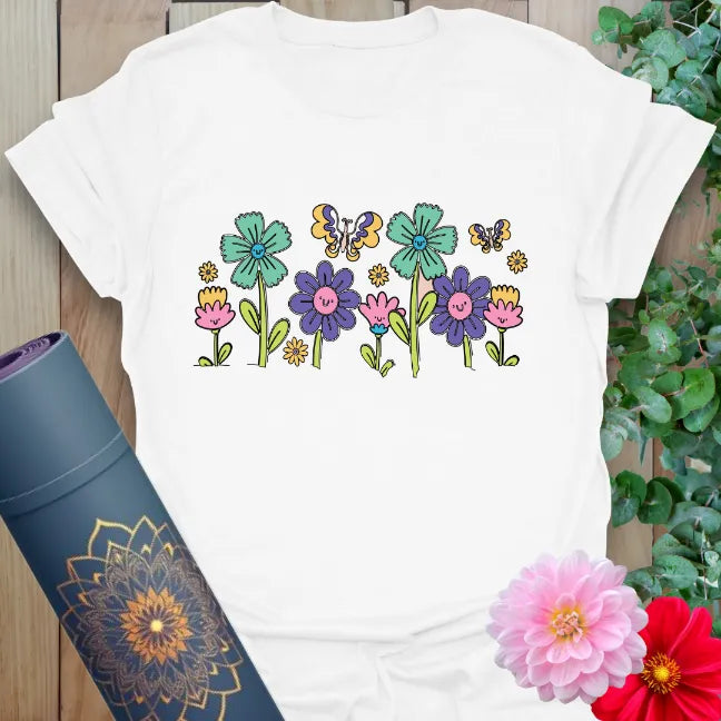 White Boho Flowers T-Shirt with bright bohemian flower and butterfly art