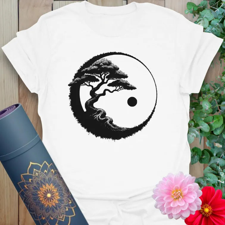 White Bonsai T-Shirt featuring calming bonsai tree inside yin-yang circle