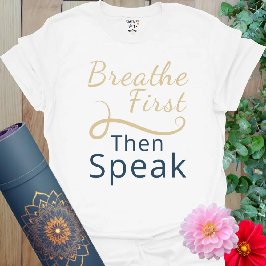 White Breathe First T-Shirt with elegant line detail and affirming message. Soft, mindful tee for centered living.