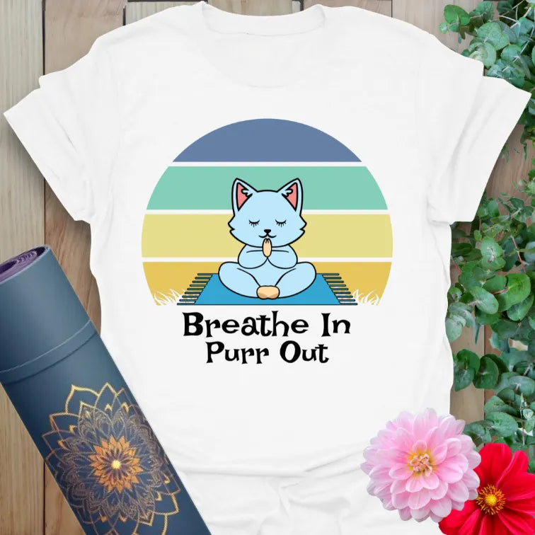 White Breathe In T-Shirt with cute yoga cat and colorful sunset background