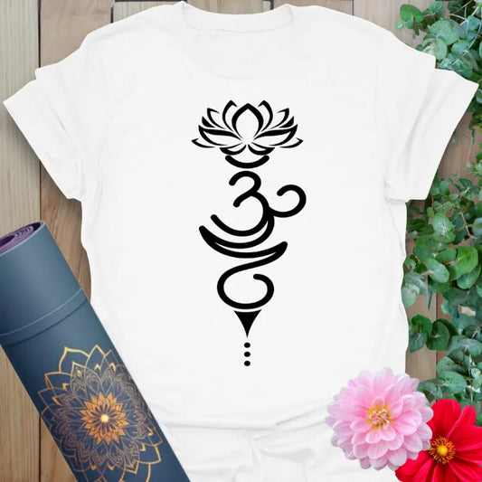 White Breathe Symbol T-Shirt with elegant black Om and lotus artwork