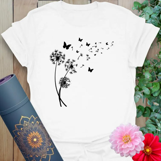 White Breathe T-Shirt with minimalist dandelion and butterfly flow graphic