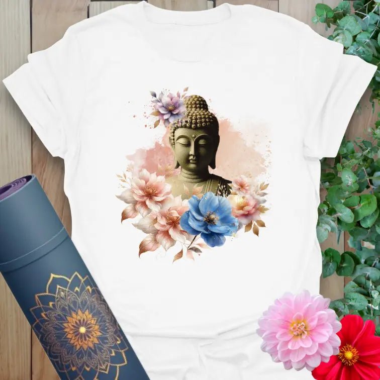 White Buddha Offering T-Shirt with peaceful floral Buddha print