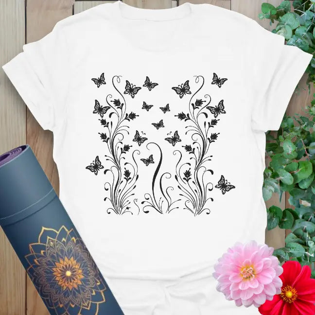 White Butterfly T-Shirt with elegant butterfly pattern and spiritual flow
