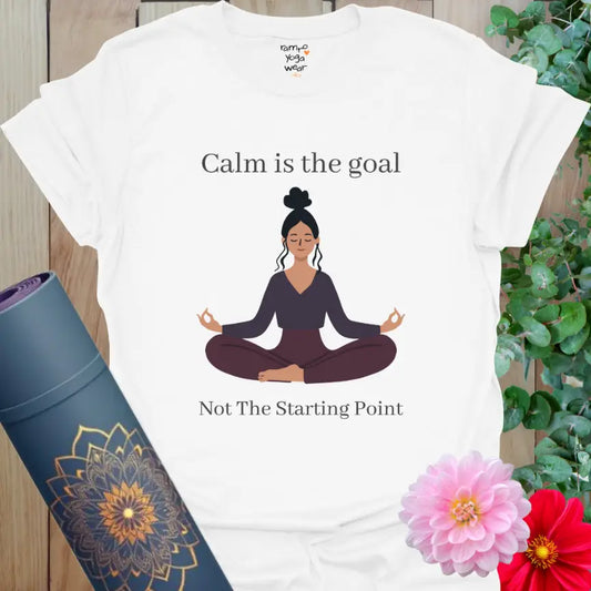 White Calm Is the Goal T-Shirt with meditating yogi illustration and mindful yoga quote about calm being the goal, not the starting point.
