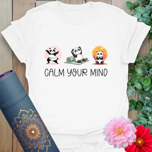 White Calm T-Shirt with illustrated meditating pandas and peaceful affirmation