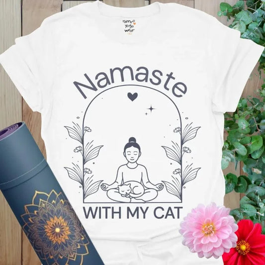 White Cat Nap T-Shirt showing a calm yoga design with cat and “Namaste With My Cat” slogan.