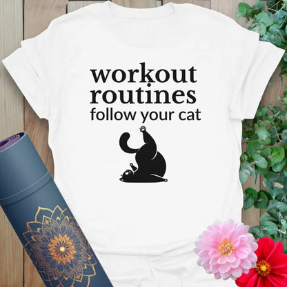 White Cat Routine T-Shirt with funny fitness quote and yoga cat illustration