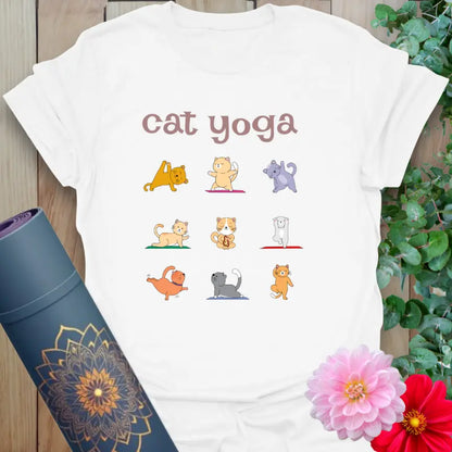 White Cat T-Shirt featuring playful cat yoga designs and colorful artwork