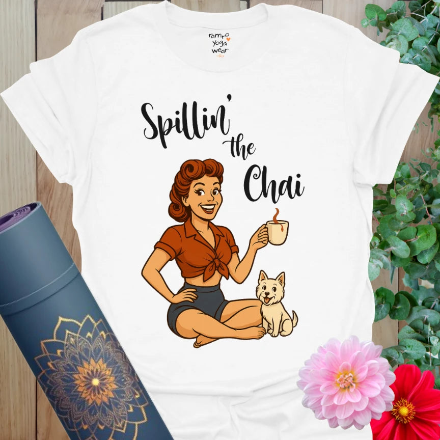 Crisp white cotton yoga t-shirt featuring a retro pinup yogi sipping chai with cheeky, soulful flair.