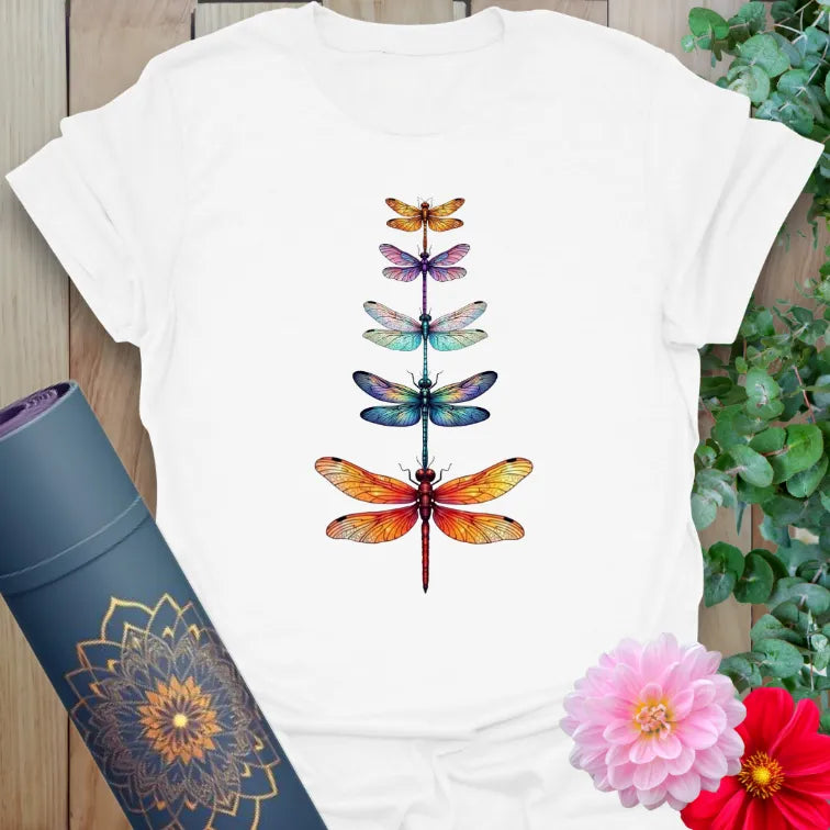 White Change T-Shirt featuring vibrant dragonfly vertical arrangement