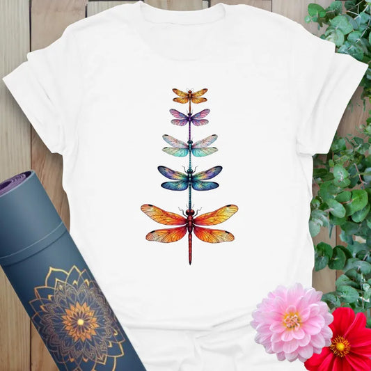 White Change T-Shirt featuring vibrant dragonfly vertical arrangement