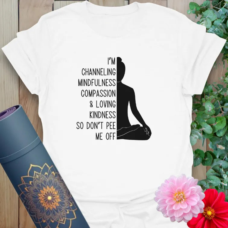 White Channeling T-Shirt with seated figure and humorous spiritual text