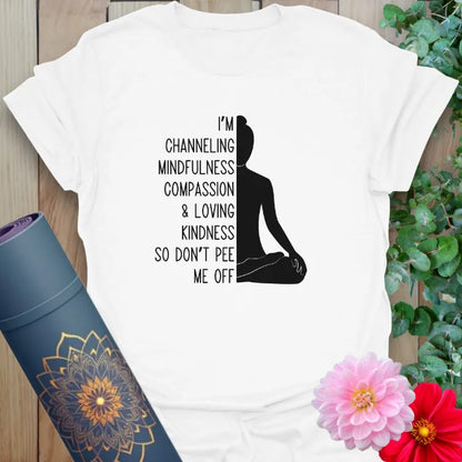 White Channeling T-Shirt with seated figure and humorous spiritual text