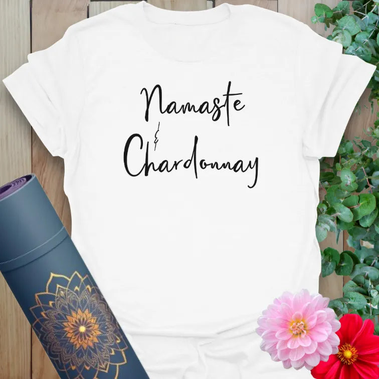 White Chardonnay T-Shirt featuring playful yoga and wine quote