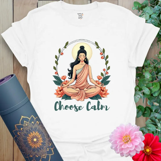 White Choose Calm T-Shirt with digital artwork of a peaceful seated figure and floral design crafted by Ramro Yoga Wear.