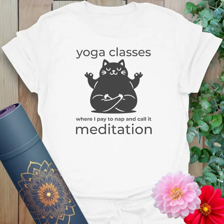 White Classes T-Shirt featuring humorous yoga class and meditation quote