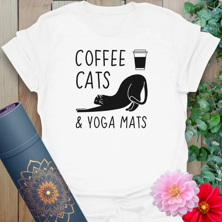 White Coffee Cats T-Shirt featuring playful yoga cat and coffee illustration