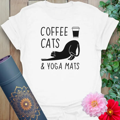 White Coffee Cats T-Shirt featuring playful yoga cat and coffee illustration