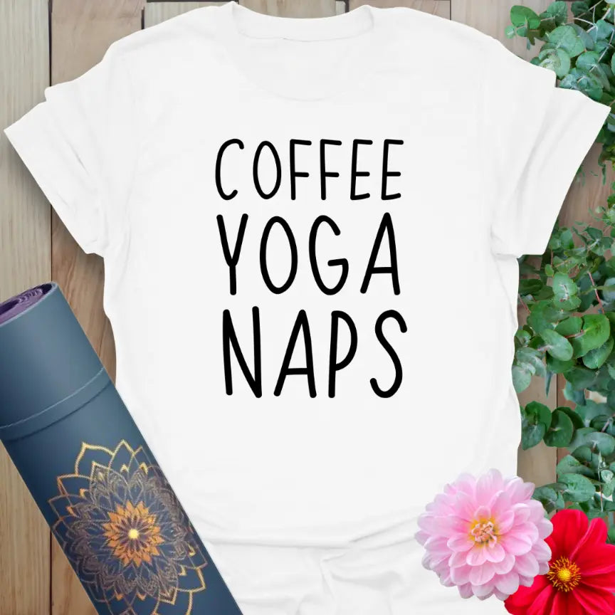 White Coffee Nap T-Shirt featuring bold text for yoga and self-care lovers