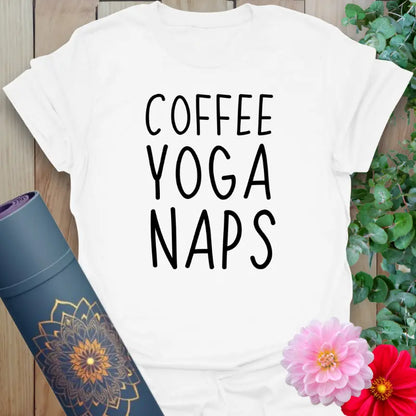 White Coffee Nap T-Shirt featuring bold text for yoga and self-care lovers