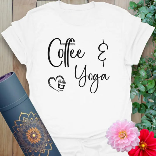 White Coffee T-Shirt featuring cozy coffee and yoga message with simple black text