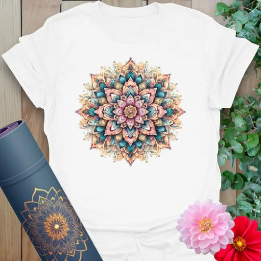 White Color My Day T-Shirt featuring bright multicolored mandala artwork