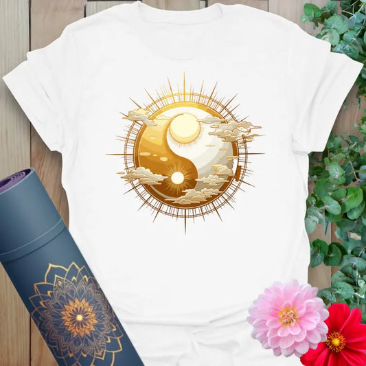 White Cosmic Harmony T-Shirt featuring radiant yin-yang and ethereal clouds artwork