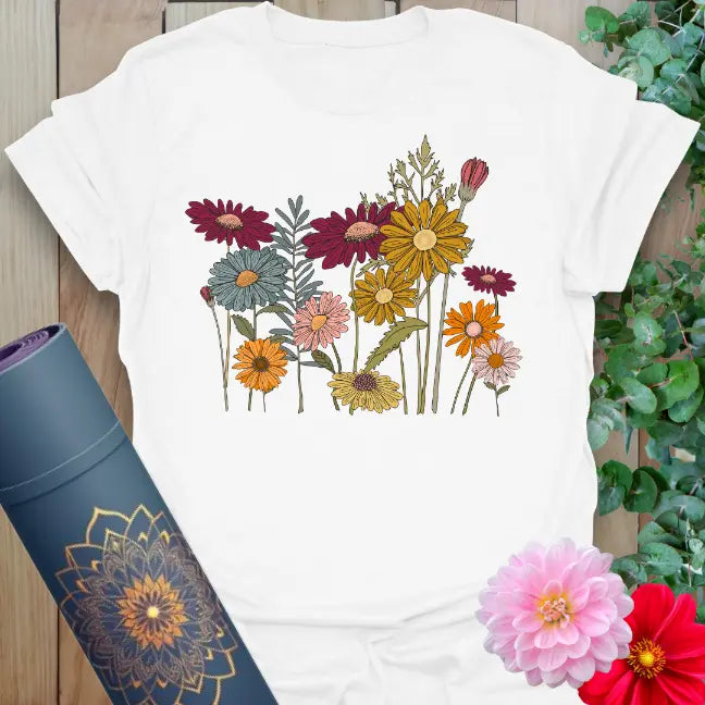 White Cottage Flowers T-Shirt featuring vintage wildflower artwork for mindful living