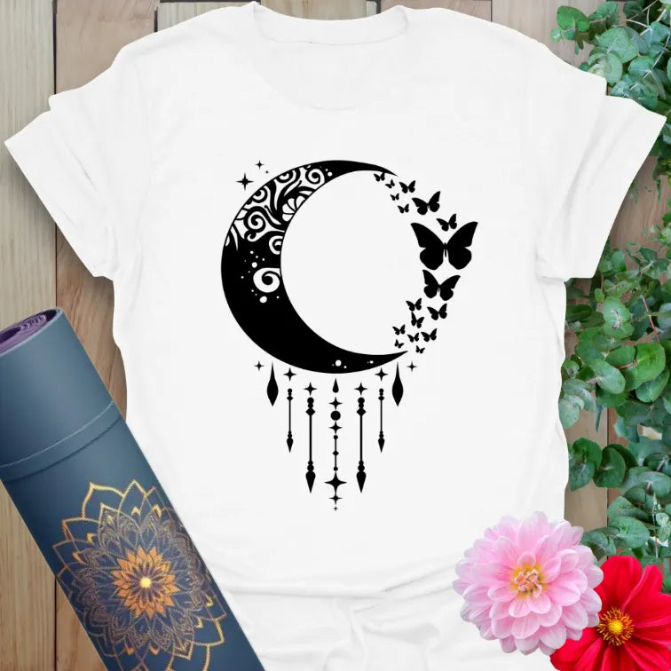 White Crescent Moon T-Shirt featuring delicate moon phase artwork and flying butterflies