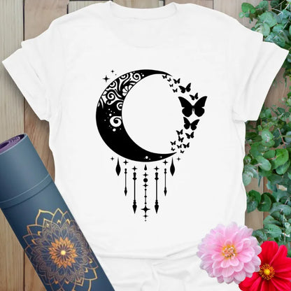 White Crescent Moon T-Shirt featuring delicate moon phase artwork and flying butterflies