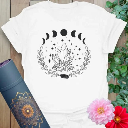 White Crystal T-Shirt featuring hand-drawn crystals, stars, and nature wreath artwork