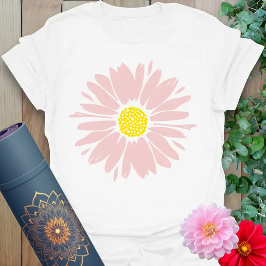 White Daisy T-Shirt featuring cheerful hand-drawn pink daisy flower design

