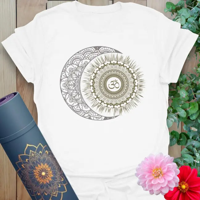 White Day Night T-Shirt featuring sacred sun and moon artwork with cosmic flow
